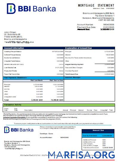 Blank Bosnia and Herzegovina BBI Bank bank mortgage statement scr example